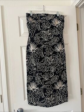 LOFT Strapless Midi Black and Ivory Dress with Floral Embroidery